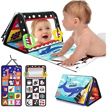 Baby Mirror Toy with Dual Sided Sensory Fabric and Crinkle Pages