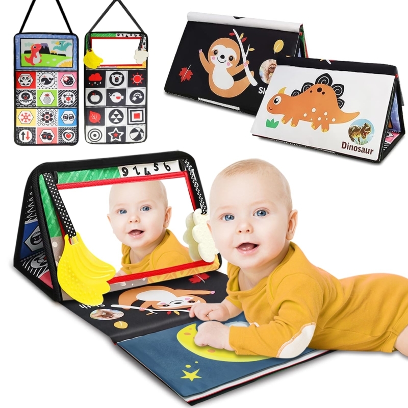 Baby Sensory Mirror with Silicone Teether and High Contrast Crinkle Book