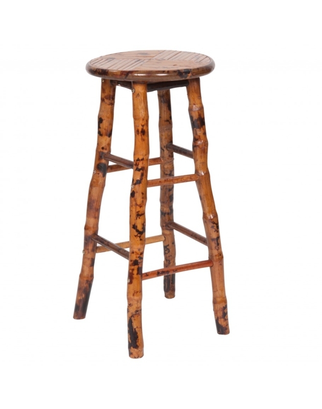 Backless Bamboo Bar Stool with Mottled Finish and Woven Strip Seat