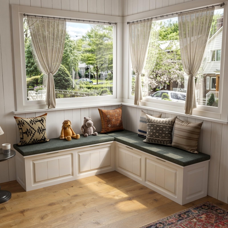 Backless Corner Bench Nook with Storage and Charcoal Grey Cushion