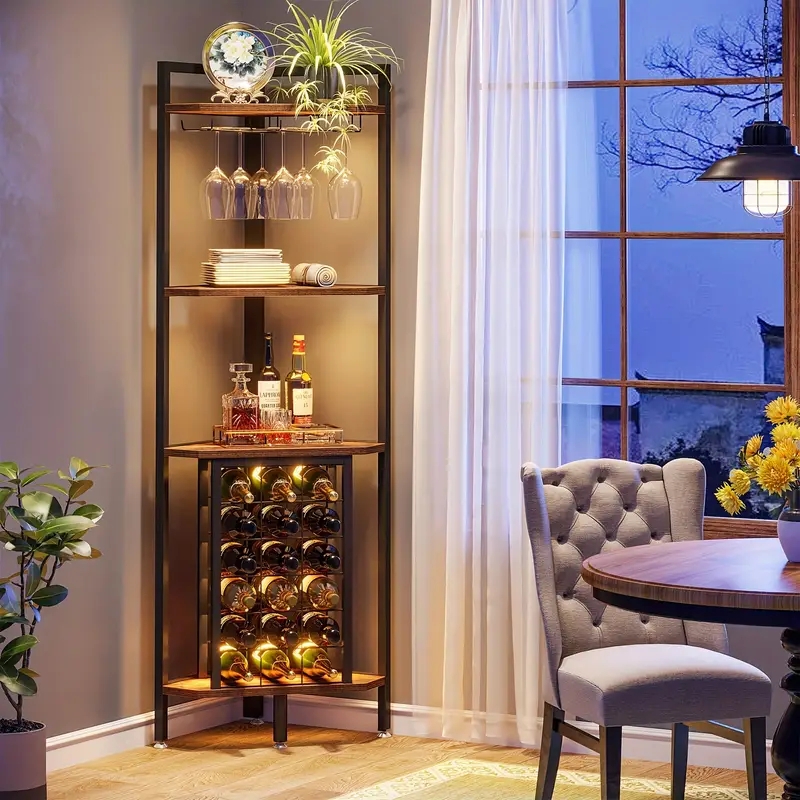 Backlit Corner Wine Cabinet: Metal & Wood-Toned with Glass Storage