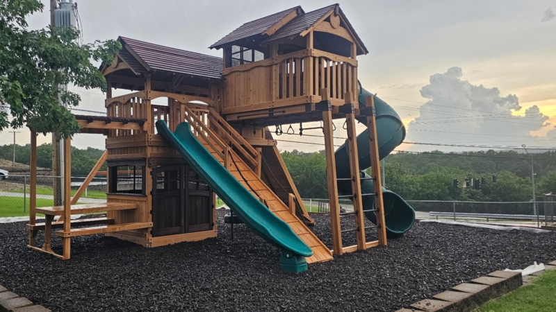Backyard Playset Craftsman Style with Dual Gable Roofs