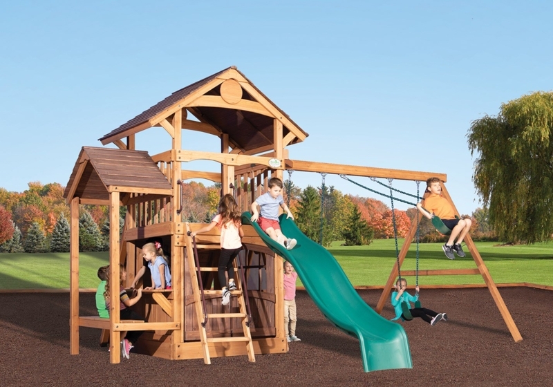 Backyard Playset Rustic Outdoor Style with Integrated Bench