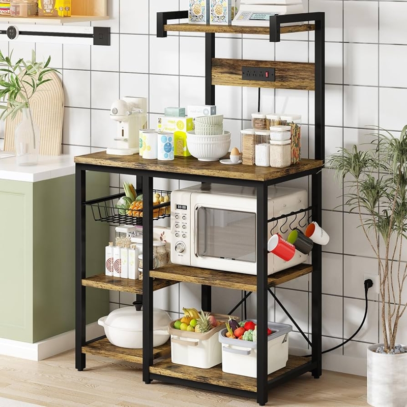 Baker Rack Rustic Brown Industrial with Wire Basket Storage