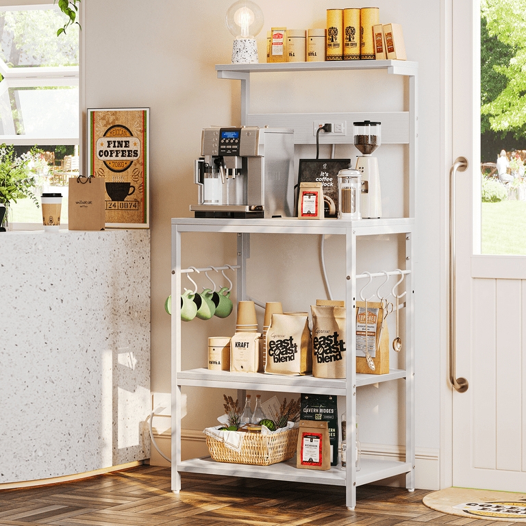 Bakers Rack Crisp White Modern Farmhouse with Side Hooks