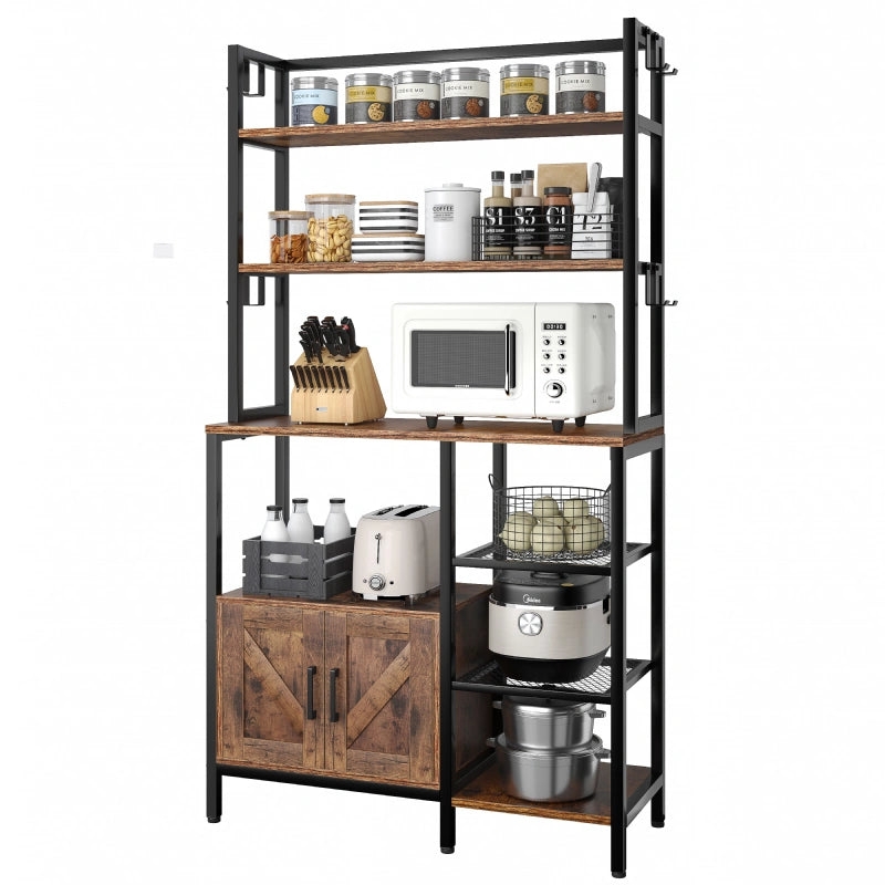 Bakers Rack featuring Barn Door Cabinet, Wire Mesh Shelves, and Hooks