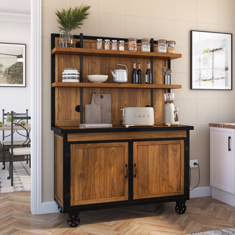 Bakers Rack Honey Brown Industrial Pipe with Spoked Casters