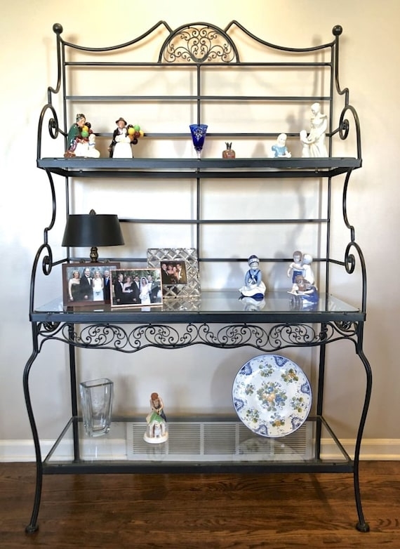 Bakers Rack Matte Black Mid-Century with Scrolled Crest