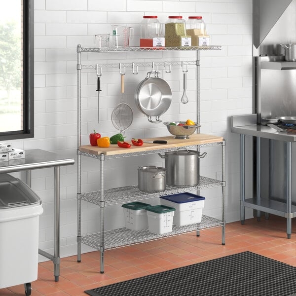 Bakers Rack Polished Chrome Wire with Butcher Block Top