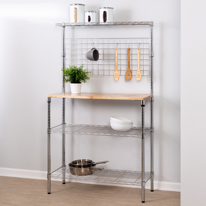 Bakers Rack Polished Chrome Wire with Integrated Hanging Grid