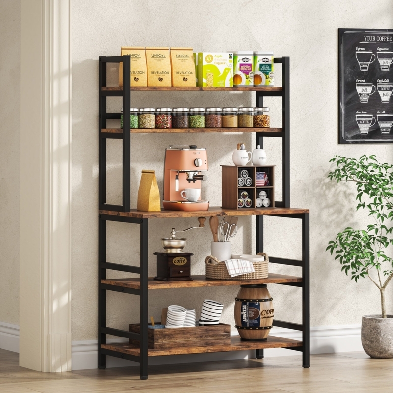 Bakers Rack Rustic Brown 5-Tier Multi-Depth Industrial Shelf