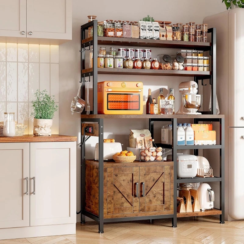 Bakers Rack Rustic Brown 6-Tier with X-Brace Cabinet Doors