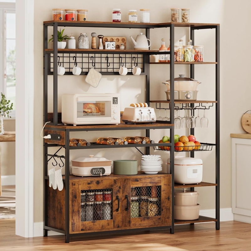 Bakers Rack Rustic Brown Industrial with Mesh Cabinet Doors