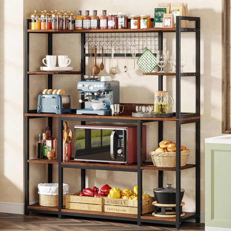 Bakers Rack Rustic Brown Wide 5-Tier with Wire Mesh Grid