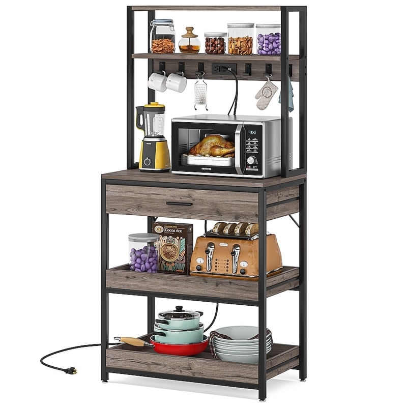 Bakers Rack Rustic Gray Industrial with Storage Drawer