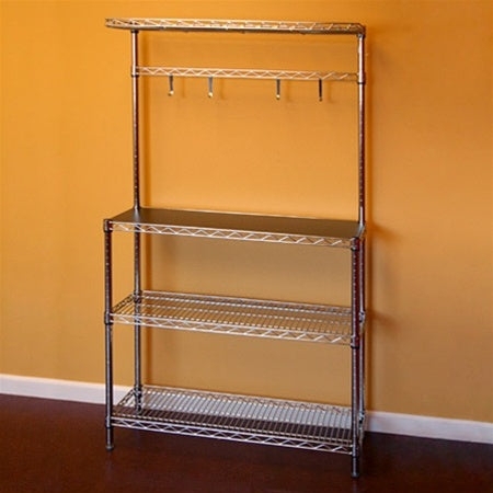 Bakers Rack Silver Chrome Wire with Solid Black Work Surface