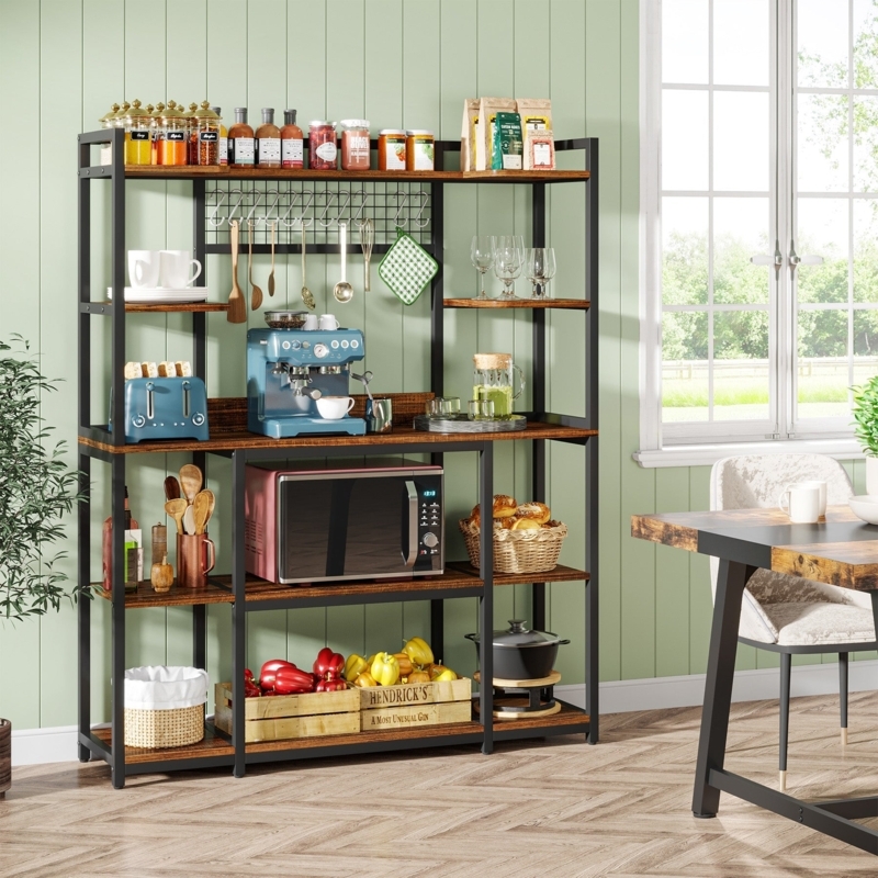 Bakers Rack Walnut Brown 55-Inch Wide Industrial Storage