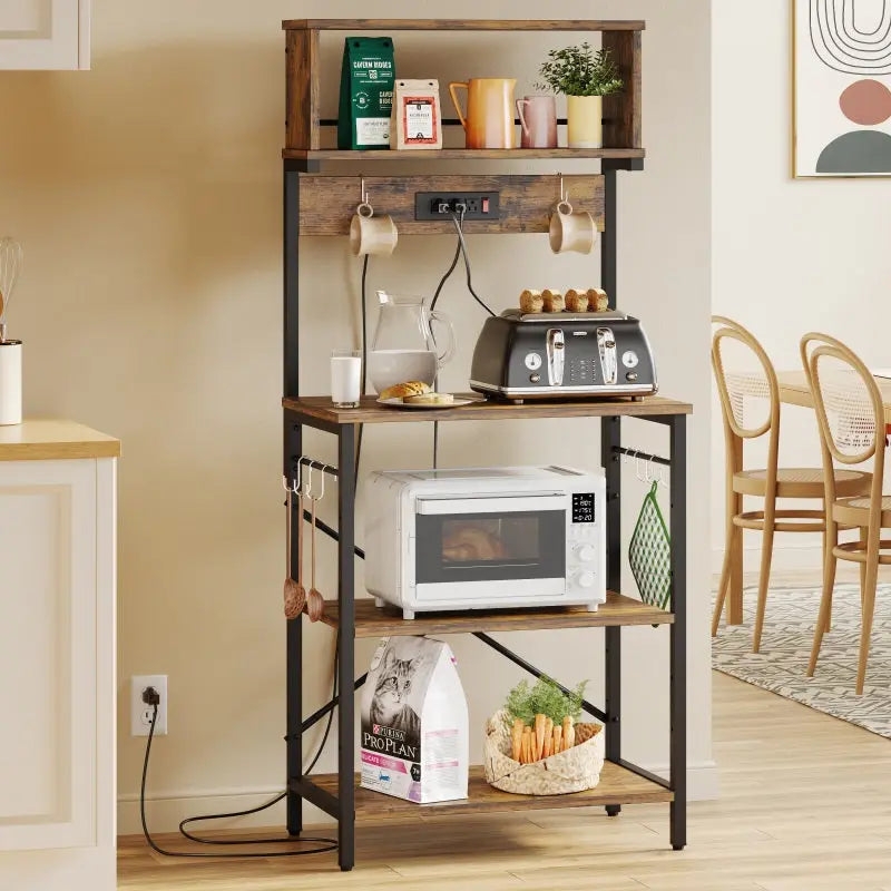Bakers Rack with Built-In Hutch, Power Strip, and Rustic Brown Finish
