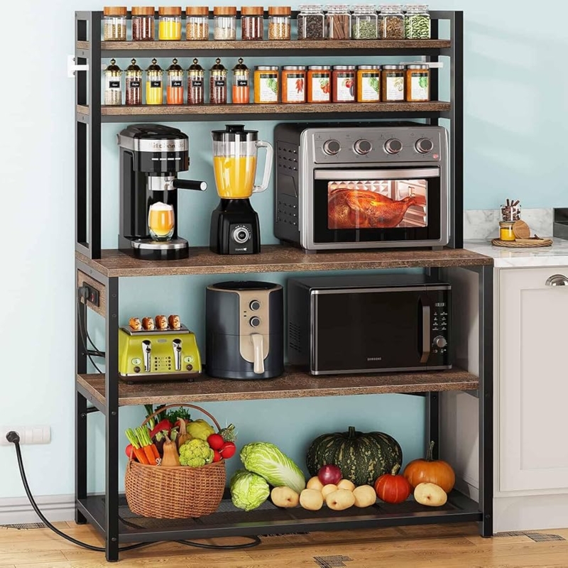 Bakers Rack with Built-In Power Outlets, Spice Rack, and Appliance Station
