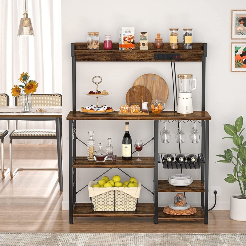 Bakers Rack with Integrated Power Strip and Wine Glass Storage