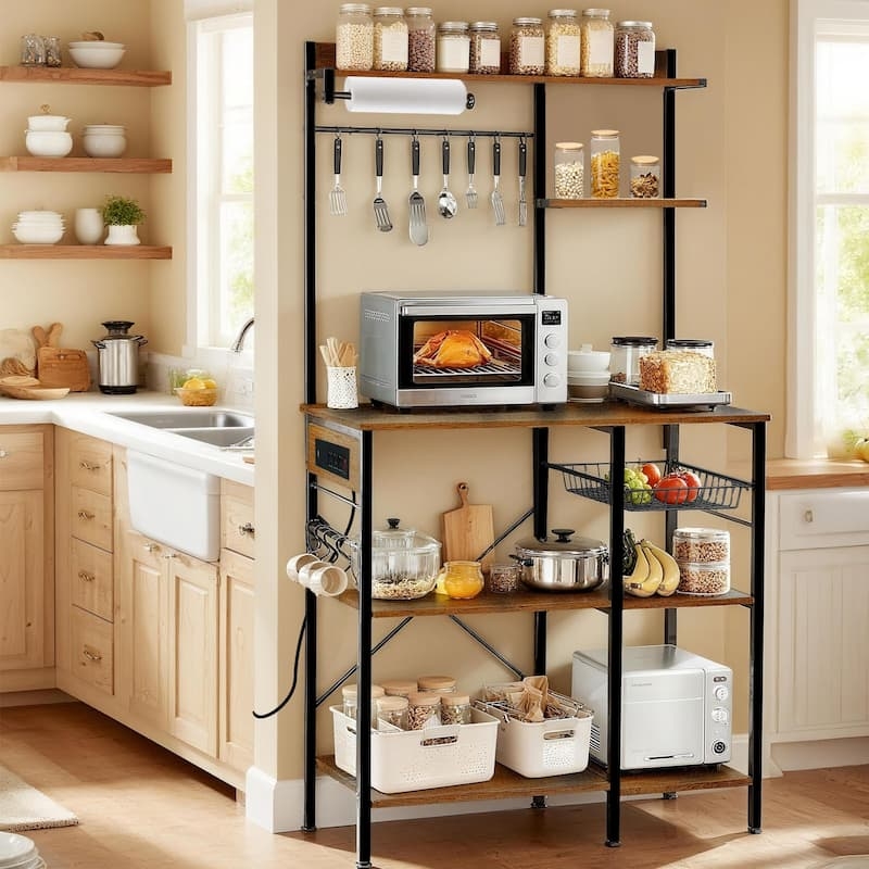 Bakers Rack with Power Outlet, S-Hooks, and Paper Towel Holder