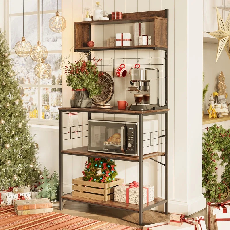 Bakers Rack with Wire Grid Backsplash, Microwave Shelf, Hangers