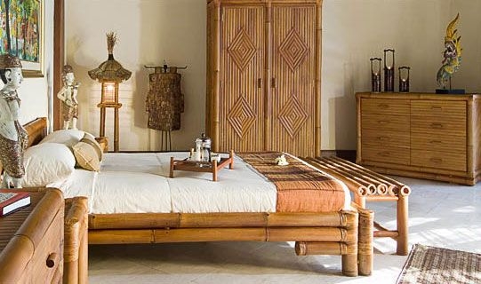 Balinese Bedroom Decor with Stacked Bamboo Poles and Diamond Inlay