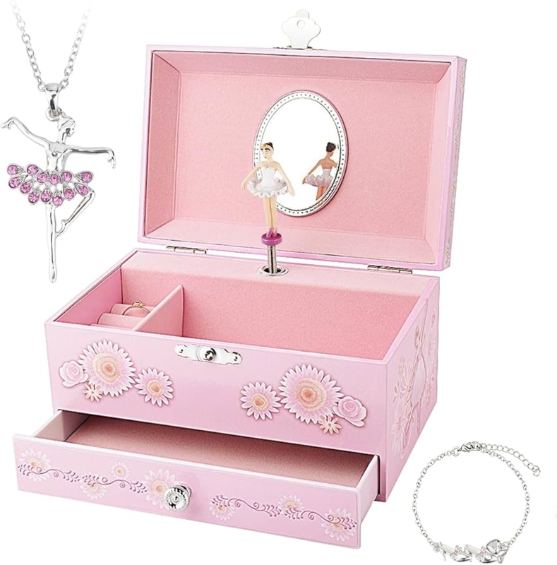 Ballerina Musical Jewelry Box with Daisy Decals and Velvet Lining