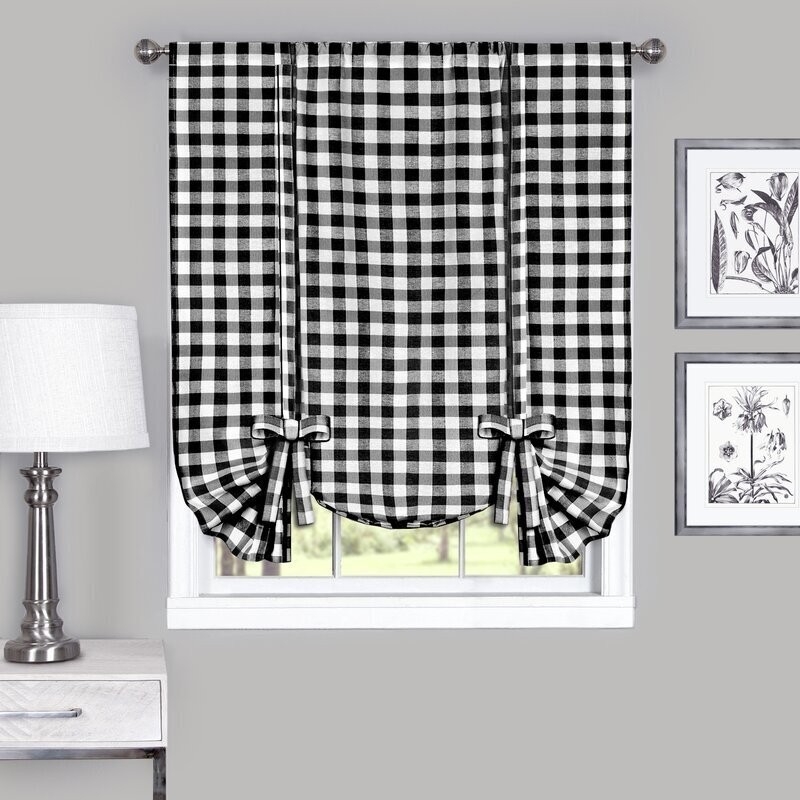 Balloon Curtains Black Gingham Tie-Up Straps Adjustable Bows Farmhouse
