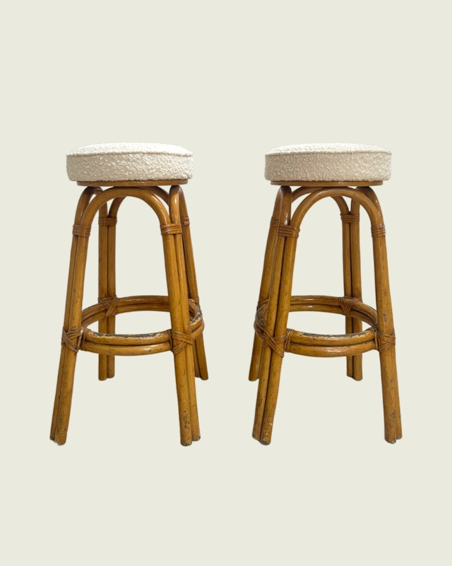 Bamboo Bar Stool Set with White Boucle Upholstery and Bundled Legs