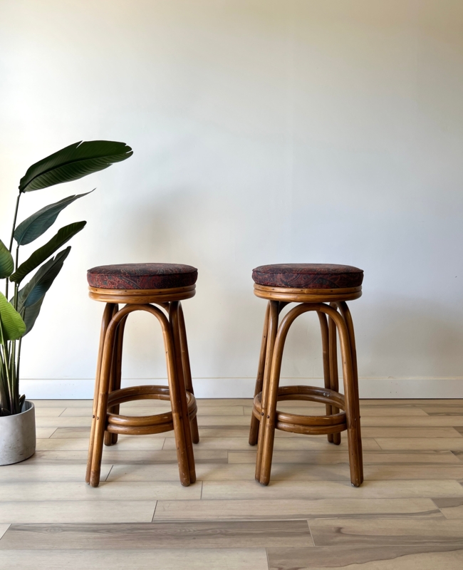 Bamboo Bar Stools with Bundled Legs and Burgundy Paisley Upholstery
