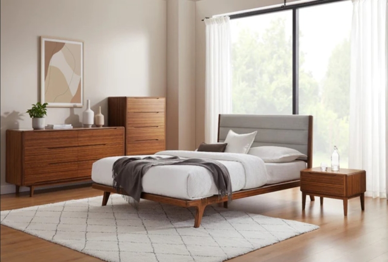 Bamboo Bedroom Furniture Set with Channeled Upholstered Headboard
