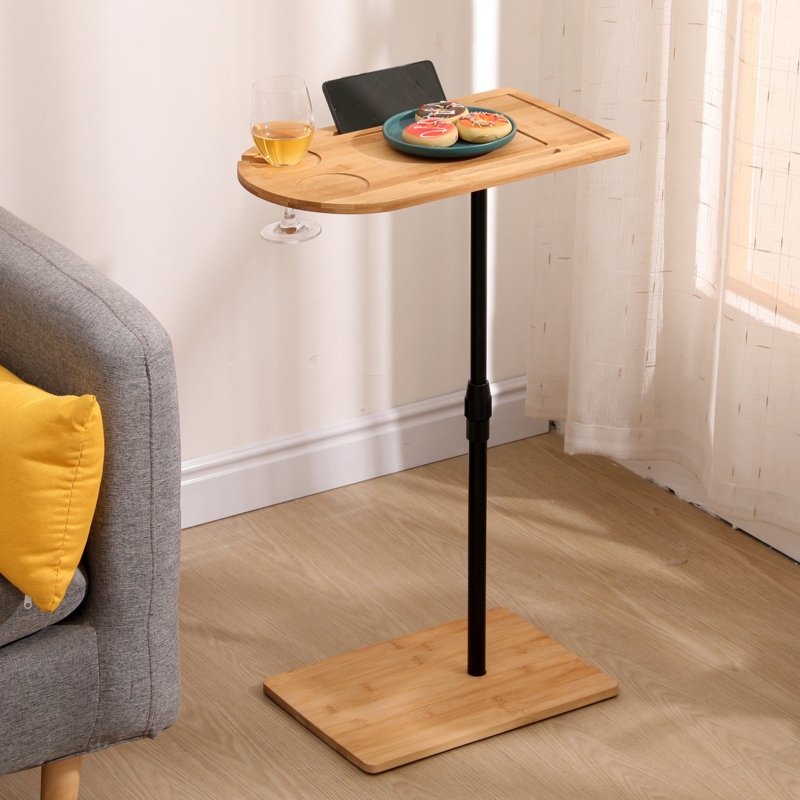 Bamboo C-Shaped Sofa Tray Table with Integrated Wine Glass Holder