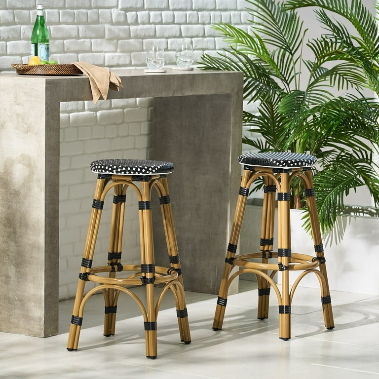 Bamboo Finish Metal Barstools with Black and White Checkered Wicker