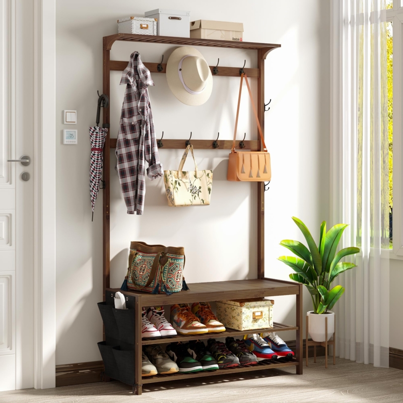 Bamboo Hall Tree Mudroom Organizer with Side Fabric Bag and 14 Hooks