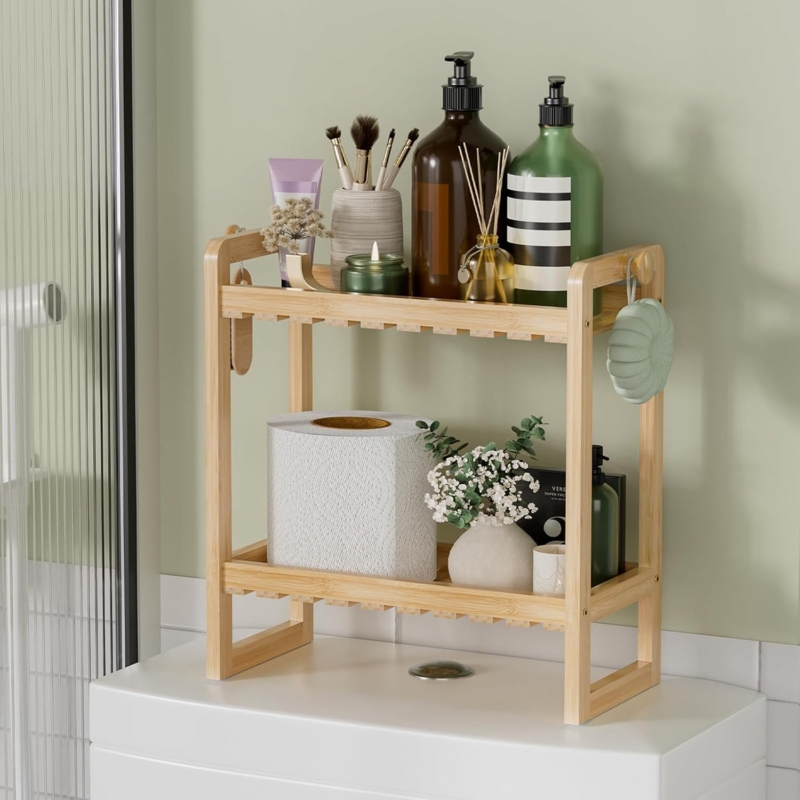 Bamboo Toilet Tank Organizer: 2-Tier Rack with Integrated Side Hooks