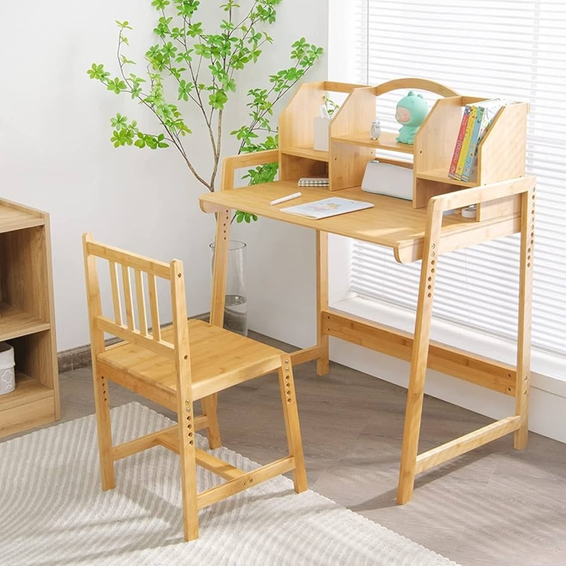 Bamboo Toned Kids Desk Set Adjustable Height Hutch Hutch