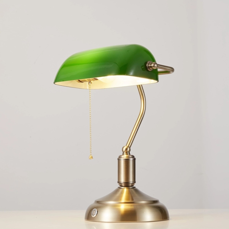 Bankers Lamp Emerald Glass Shade Antique Brass Cordless