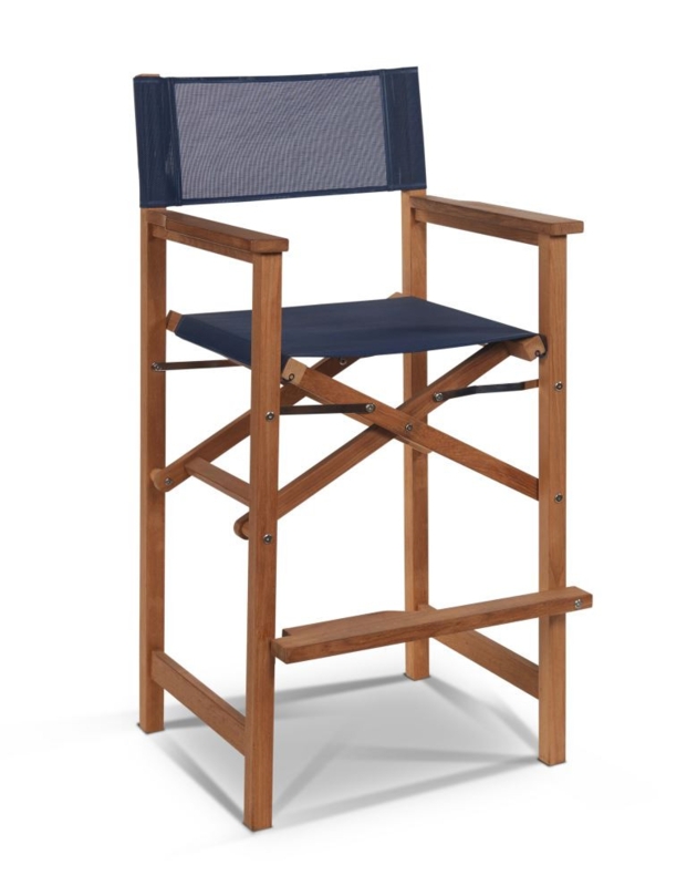 Bar Armchair Folding Teak Finish with Navy Mesh and X-Brace Base