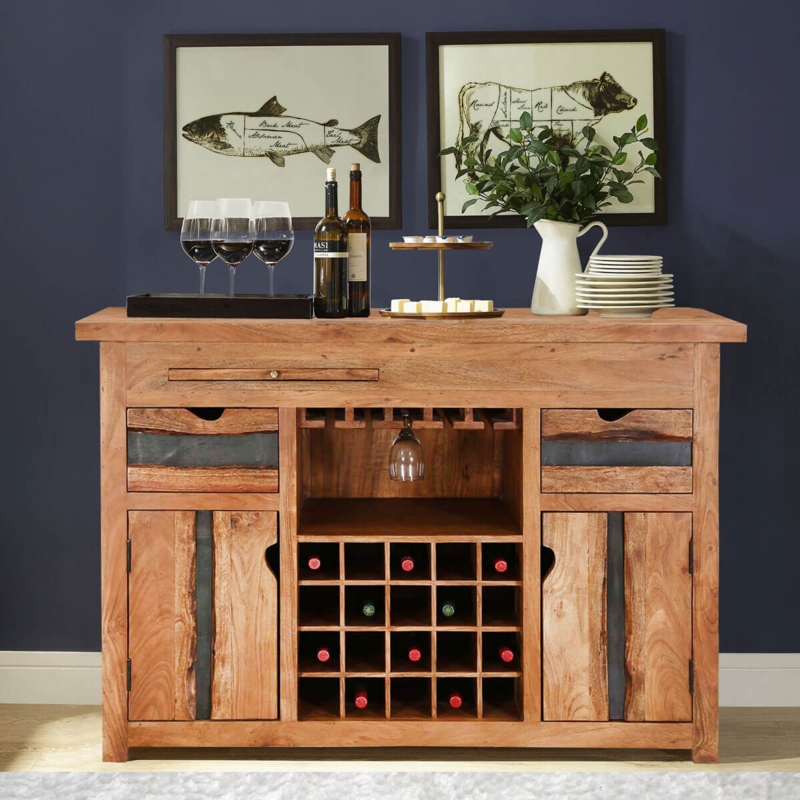 Bar Buffet Cabinet Honey Brown with Live Edge Drawers and Wine Grid