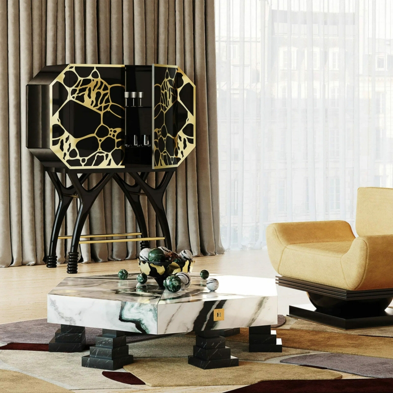 Bar Cabinet Organic Gold Pattern Sculptural Legs Marble Coffee Table