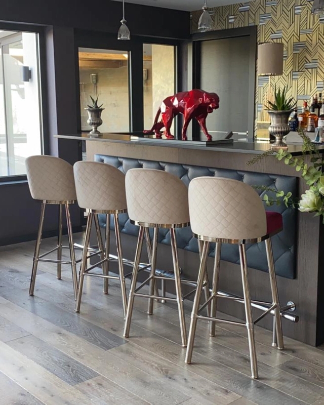 Bar Chair with Diamond Quilted Back and Polished Metal Base