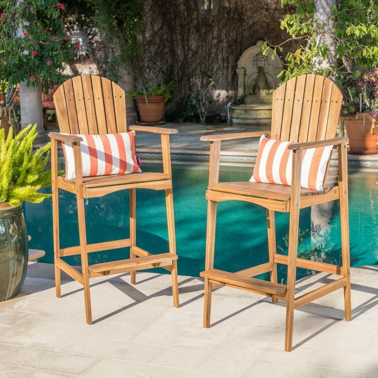 Bar Stool Acacia Wood Striped Lumbar Pillow Natural Wood Patio Stools