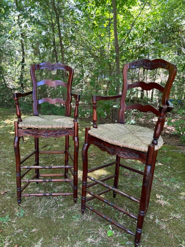 Bar Stool: Armchair Silhouette Floral Carving Ladder Back Rush Seat