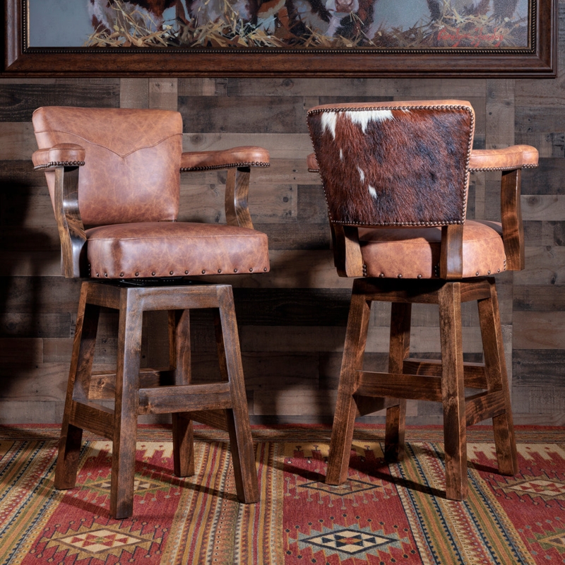 Bar Stool: Armrests, Tobacco Brown Leather Swivel Base, Cowhide Back