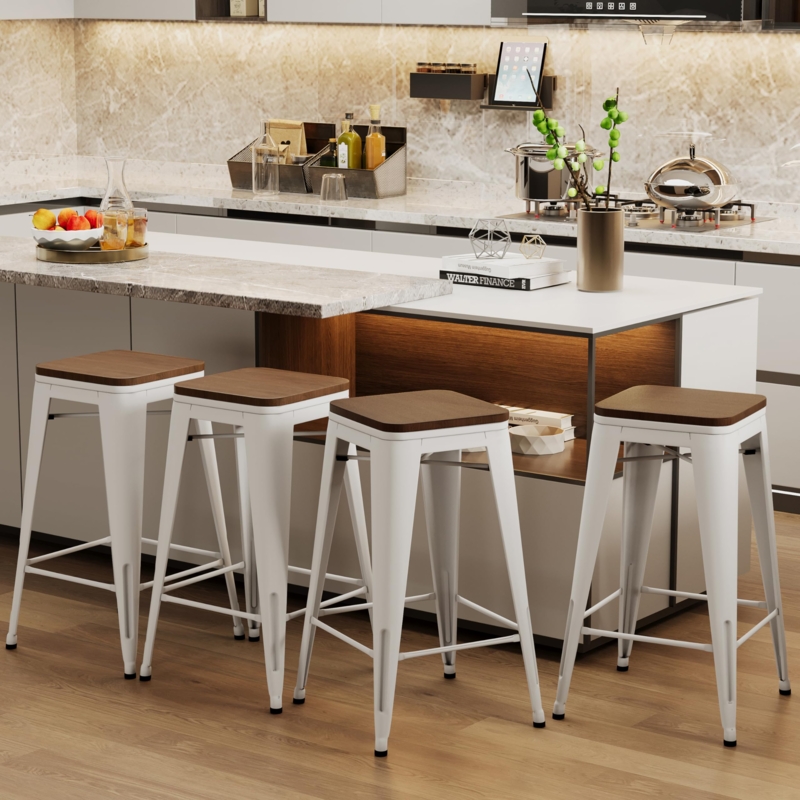Bar Stool Backless Silhouette White Metal Frame Wood Toned Seat