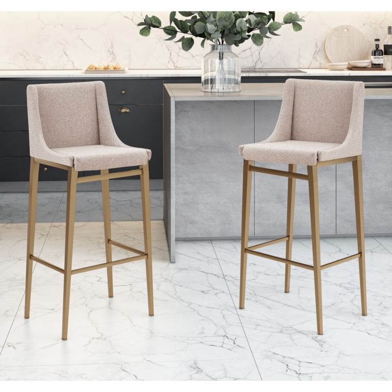 Bar Stool Beige Weave Fabric Tapered Legs Wingback Silhouette