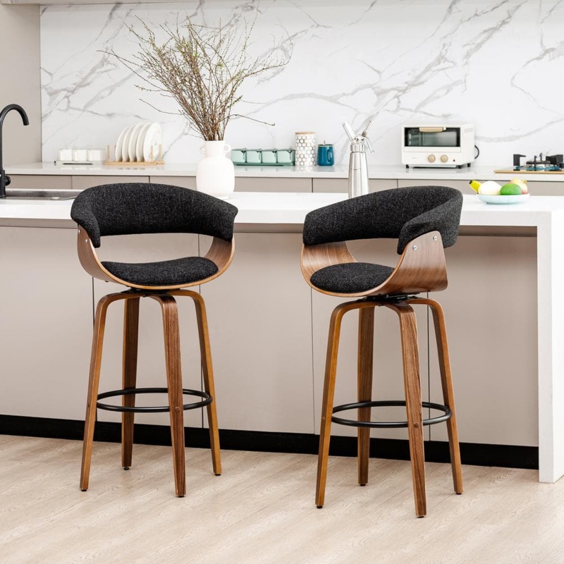 Bar Stool Bentwood Shell Walnut Finish Tapered Legs Mid-Century Modern