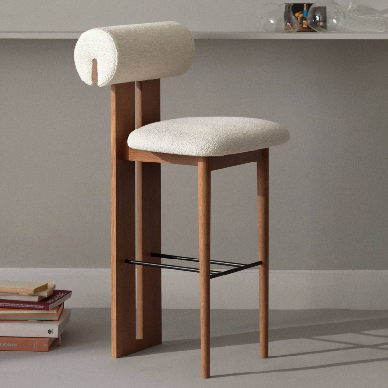 Bar Stool Boucle Upholstery Cylindrical Backrest Japandi Style Oak