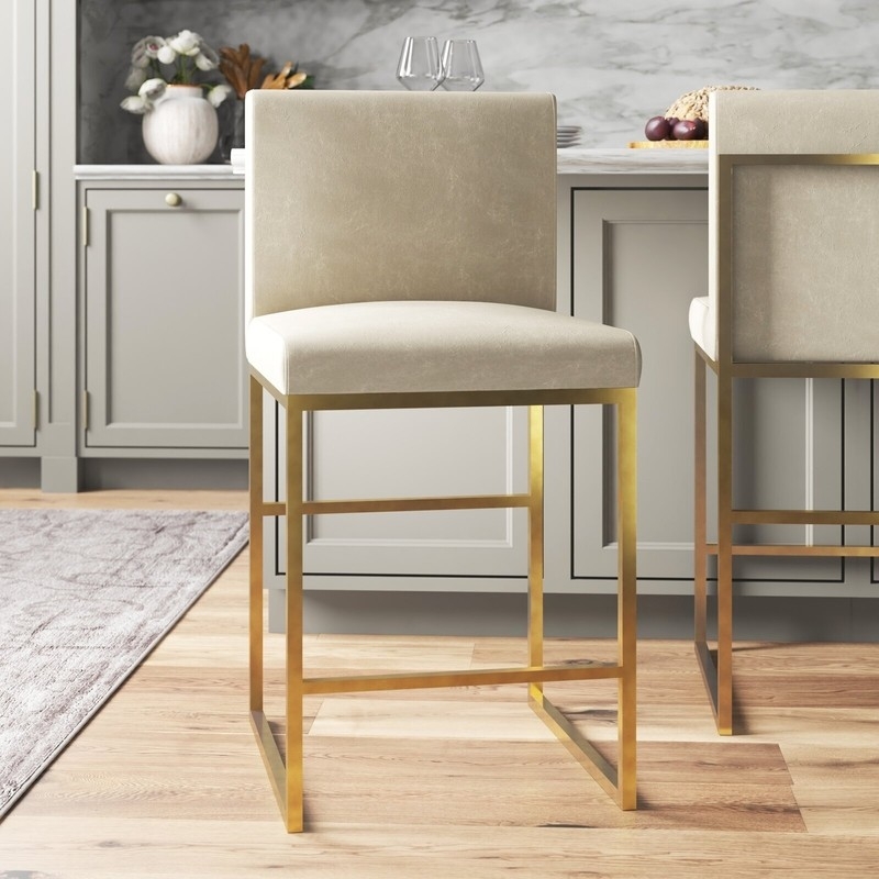 Bar Stool Box Frame Square Backrest Beige Upholstery Contemporary